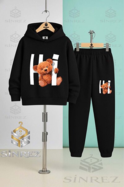 SİNREZ Set de trening cu glugă unisex pentru copii HI AYICIK YAZI ICINDE