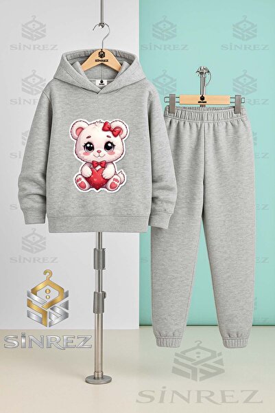 SİNREZ Children's Unisex Cat Cute Heart Pink Hooded Tracksuit Set
