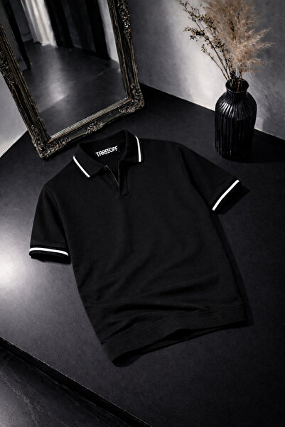 threeoff Men's Polo Neck Knitwear T-Shirt Single Striped Slim Fit Summer Styl...