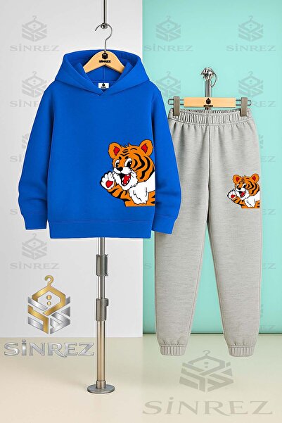 SİNREZ Children's Unisex Yandan Cute Tiger Hooded Tracksuit Set