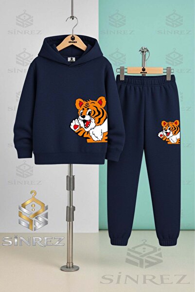 SİNREZ Children's Unisex Yandan Cute Tiger Hooded Tracksuit Set