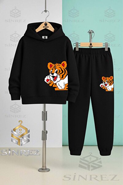 SİNREZ Children's Unisex Yandan Cute Tiger Hooded Tracksuit Set