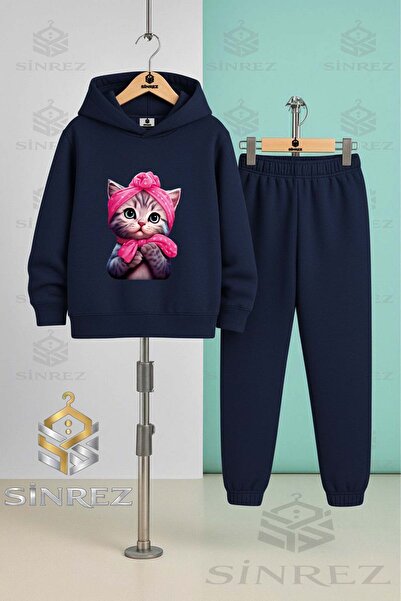 SİNREZ Children's Unisex Cat Sugar Half Pink Ribbon Hooded Tracksuit Set