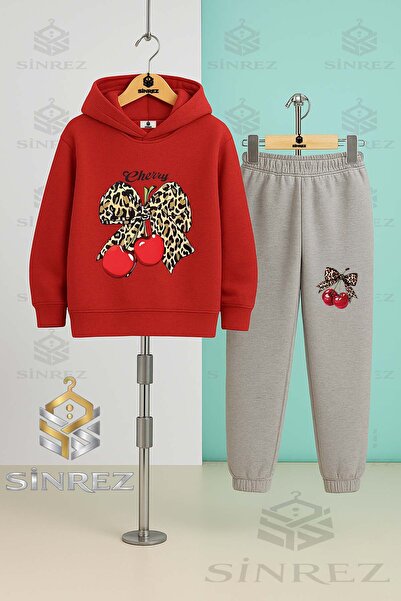 SİNREZ Children's Unisex Cherry Leopard Kurdale Cherry Yazi Hooded Tracksuit Set