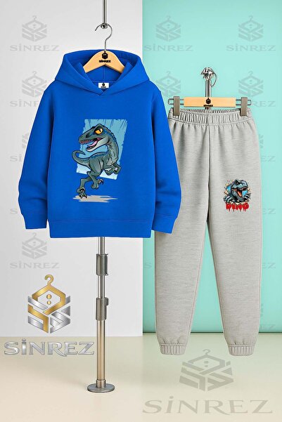 SİNREZ Children's Unisex Dinosaur Turquoise Canvas Hooded Tracksuit Set