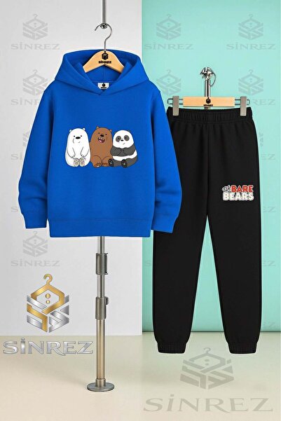 SİNREZ Children's Unisex Pandas 3-Piece Side-By-Side Hooded Tracksuit Set