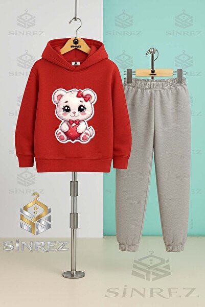 SİNREZ Children's Unisex Cat Cute Heart Pink Hooded Tracksuit Set