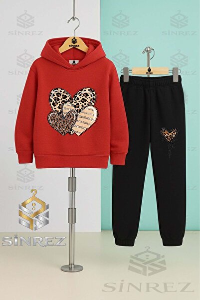 SİNREZ Children's Unisex Hearts Leopard Printed Li Hooded Tracksuit Set
