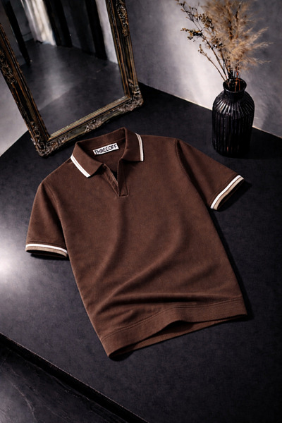 threeoff Men's Polo Neck Knitwear T-Shirt Single Striped Slim Fit Summer Styl...