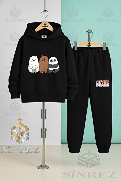 SİNREZ Children's Unisex Pandas 3-Piece Side-By-Side Hooded Tracksuit Set