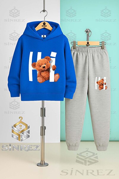 SİNREZ Children's Unisex Hi Bear Text Inside Hooded Tracksuit Set