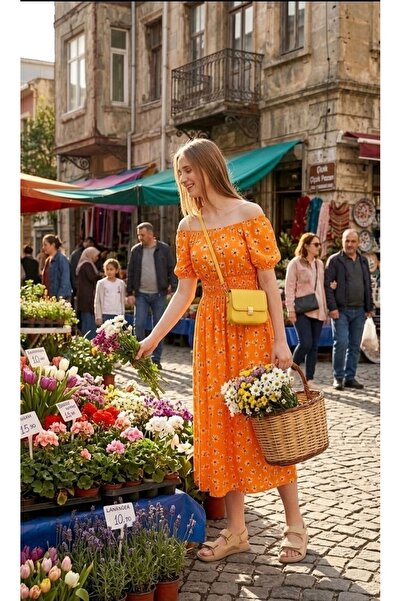 Muka Kadın Desenli Madonna Yaka Viskon Yazlık Midi Elbise