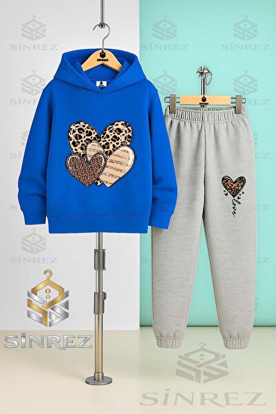 SİNREZ Children's Unisex Hearts Leopard Printed Li Hooded Tracksuit Set
