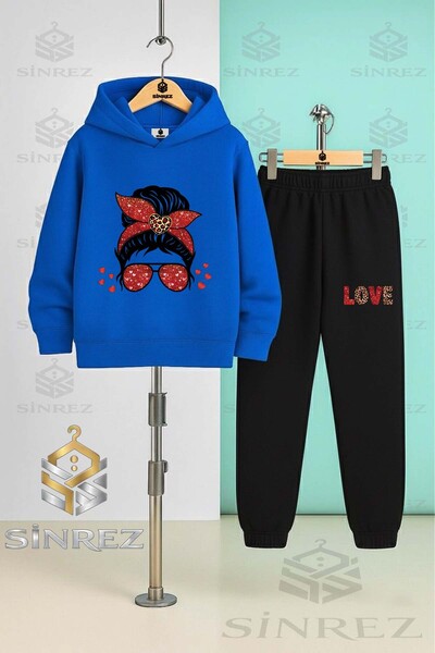 SİNREZ Children's Unisex Glasses-Red Gril Leopard Printed Hooded Tracksuit Set