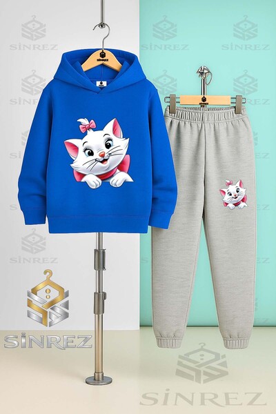 SİNREZ Children's Unisex Cat Ribbon Half Booties Hooded Tracksuit Set