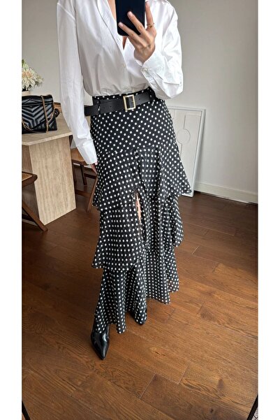 ALVOR تنورة شيفون سوداء مكونة من منقّط طبقات ومقاس حزام