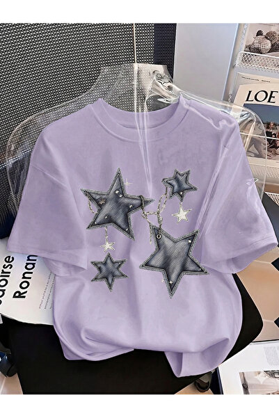 Let's Wear Y2K Aesthetic Denim Star Detailed Short Sleeve T-Shirt