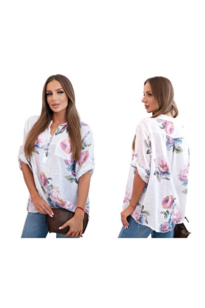 Kesi Biała bluzka damska oversize z kwiatowym nadrukiem