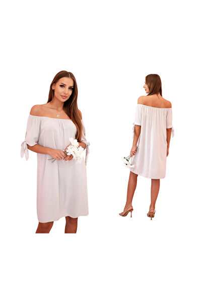 Kesi Beżowa sukienka damska hiszpanka z wiązaniem na rękawkach z wiskozy