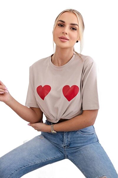 Kesi Bluzka bawełniana z nadrukiem serc beżowa