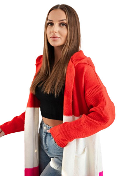 Kesi Sweter Kardigan z kapturem w pasy czerwony+ecru+różowy neon