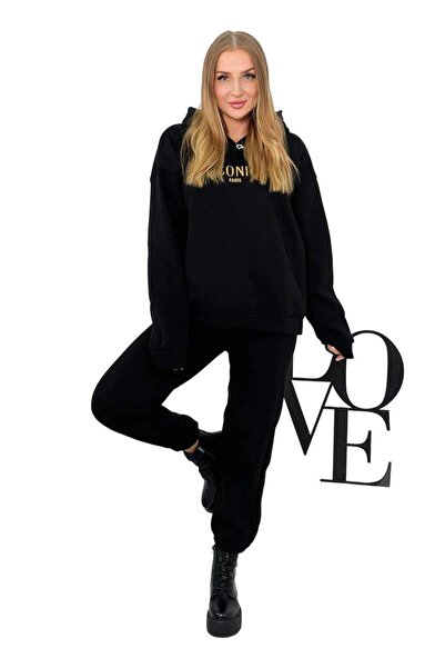 Kesi Komplet bawełniany ocieplany bluza z haftem + spodnie czarny