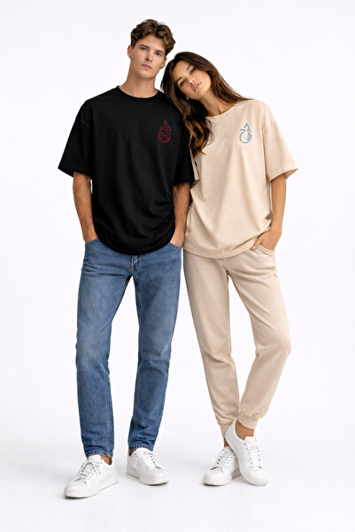 NEVERMIND Sevgili Kombini Fire Water Minimal Couple T-Shirt Oversized Unisex ...