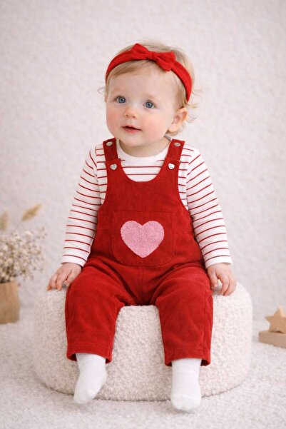 krm kerem bebe Eid Embossed Stylish Heart Patterned Sweatshirt & Corded Fabri...