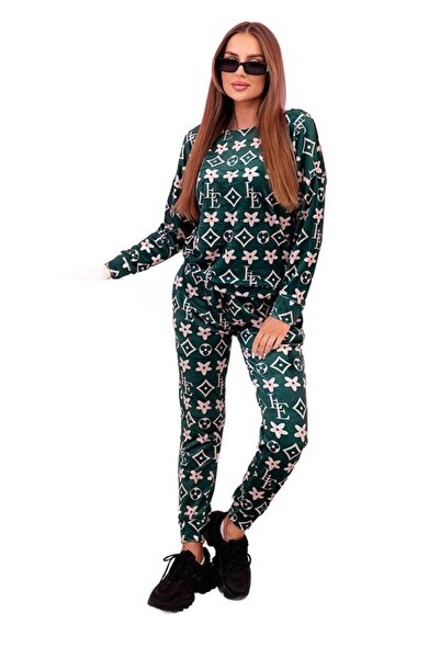 Kesi Set de damă din catifea cu monogramă verde + bej