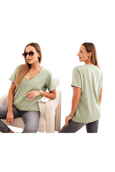 Kesi Women's simple blouse, dark mint, with V-neckline