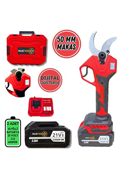 nuspower 50 mm Profesyonel Şarjlı Budama Makası – 21V Çift Akülü Dijital Göst...