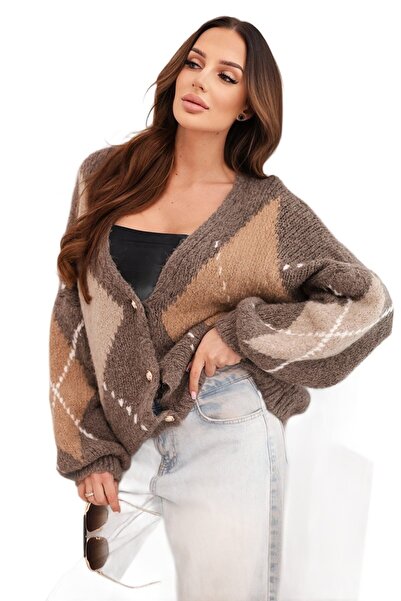 Kesi Pulover de damă Fango cu nasturi, model cu romburi și lână