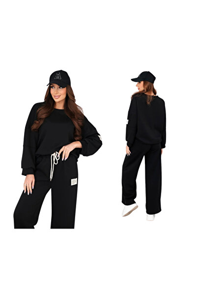 Kesi Set hanorac și pantaloni negri din viscoză pentru femei, cu talie elastică