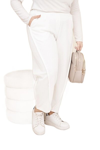 Kesi Spodnie damskie bawełniane Plus Size o luźnym kroju z wysokim stanem ecru