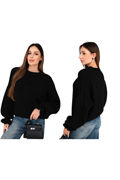 Kesi Pulover negru de damă din mohair cu mâneci bufante