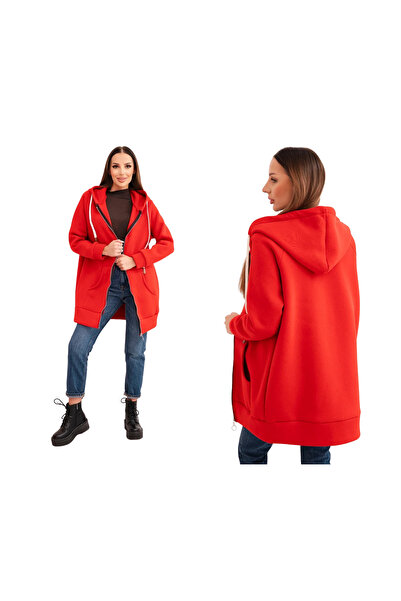 Kesi Czerwona bluza damska ocieplana z kapturem i zamkiem
