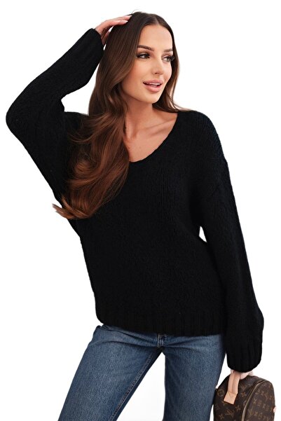 Kesi Pulover negru de damă din amestec de lână cu decolteu în V