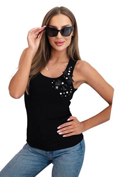 Kesi Top damski prążkowany z bawełny i aplikacją kwiatową czarna