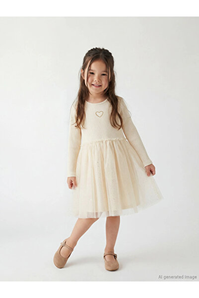 LC Waikiki Lcw Kids Beige Crew Neck Bowknot Girls' Dress