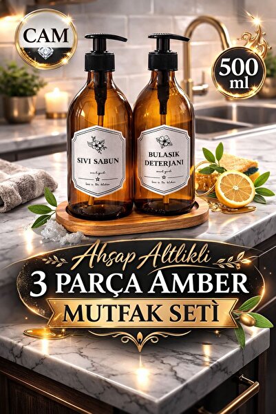 AY&ÇA HOME Cam Sıvı Sabunluk Seti – Bulaşık Deterjanı & Sıvı Sabun – Bambu St...