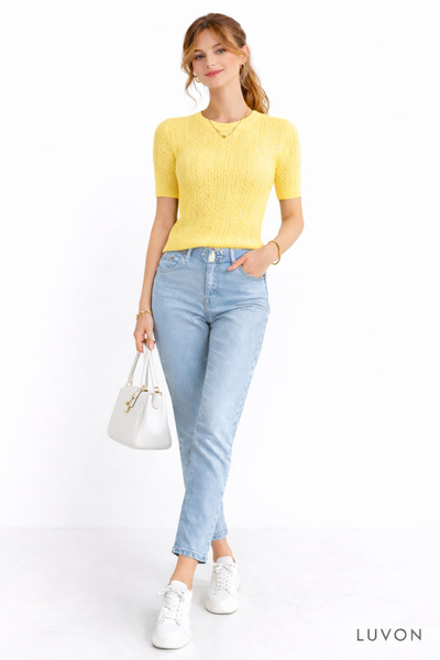 LUVON Pulover de damă cu mânecă scurtă, verde galben, cu decolteu tip crew, c...