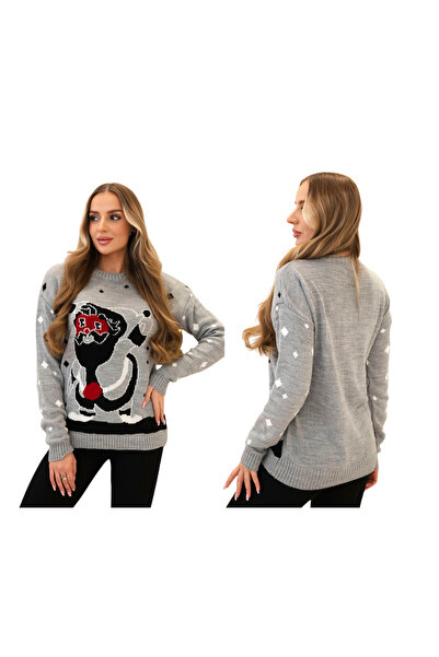 Kesi Pulover gri de Crăciun pentru femei cu un Moș Crăciun alb-negru pe funda...