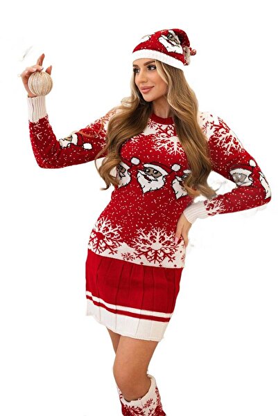 Kesi Komplet świąteczny 1005 sweter + czapka + podkolanówki czerwony