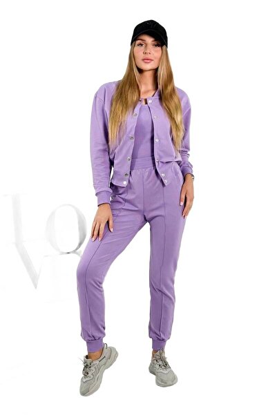 Kesi Set 3 în 1: hanorac cu capse + top + pantaloni mov