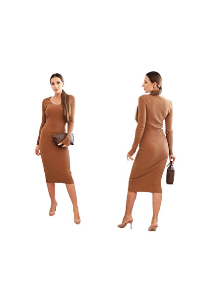 Kesi Rochie de damă cu nervuri, culoarea camel, cu decolteu în V și mâneci lungi