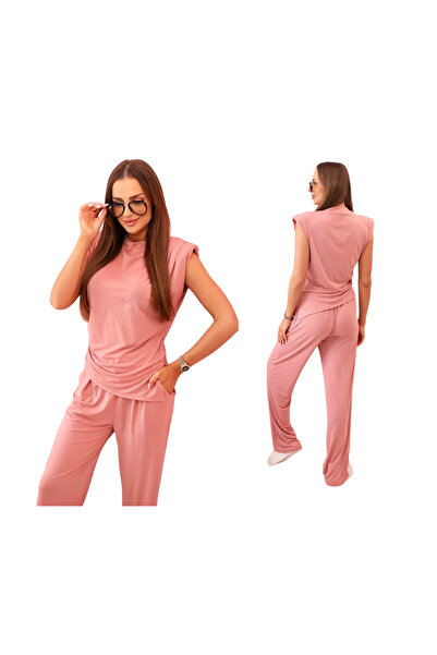 Kesi Set elegant roz închis cu pantaloni largi și bluză