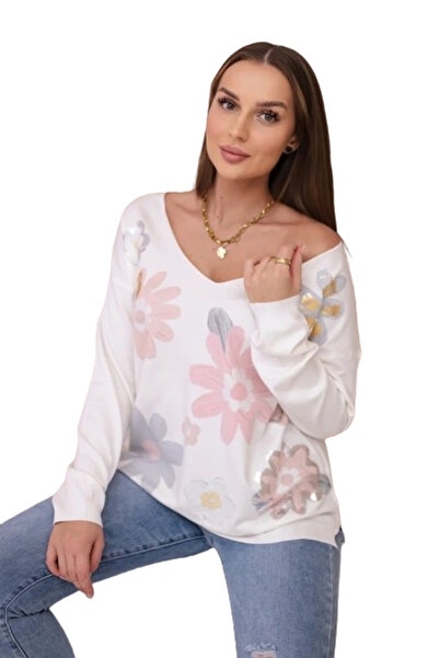 Kesi Bluzka sweterkowa w kolorowe kwiaty różowy+szary