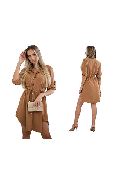 Kesi Ciemny camel damska sukienka koszulowa z guzikami i wiązaniem w talii
