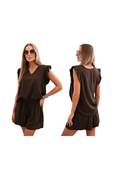 Kesi Komplet damski z wiskozy bluzka z falbankami i krótkie szorty brązowy