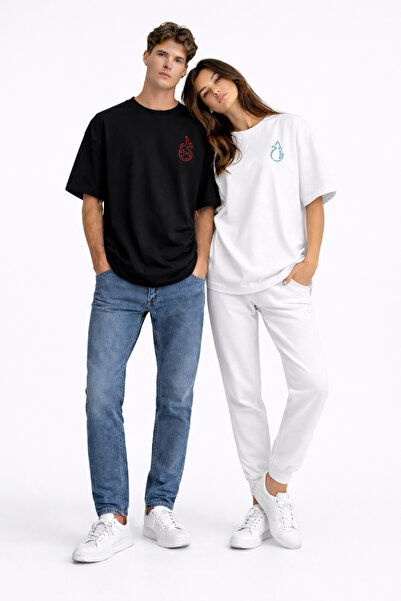 NEVERMIND Sevgili Kombini Fire Water Minimal Couple T-Shirt Oversized Unisex ...